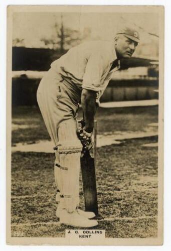 George Christopher Collins. Kent 1911-1928. Phillips ‘Pinnace’ premium issue cabinet size mono real photograph trade card of Collins standing full length at the wicket in batting pose wearing Kent cap. The photograph incorrectly titled ‘J.C. Collins’. No.