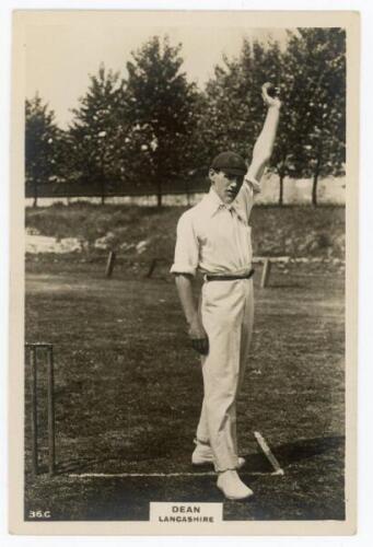 Harry Dean. Lancashire & England 1906-1921. Phillips ‘Pinnace’ premium issue cabinet size mono real photograph trade card of Dean, full length at the wicket in bowling pose wearing Lancashire cap. No. 36.C. 4”x6”. Plain back. Very good condition.