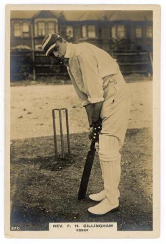 Frank Hay Gillingham. Essex 1903-1928. Phillips ‘Pinnace’ premium issue cabinet size mono real photograph trade card of Gillingham, full length at the wicket in batting pose wearing a cap. No. 37.C. 4”x6”. Plain back. Minor silvering and slight wear to co