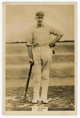 Percival Albert ‘Percy’ Perrin. Essex & London County 1896-1928. Phillips ‘Pinnace’ premium issue cabinet size mono real photograph trade card of Perrin, full length leaning on a bat, wearing Essex cap. No. 38.C. 4”x6”. Plain back. Minor ageing and slight