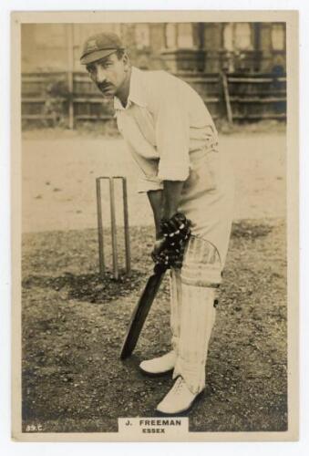 John Robert Freeman. Essex 1905-1928. Phillips ‘Pinnace’ premium issue cabinet size mono real photograph trade card of Freeman, full length at the wicket in batting pose wearing Essex cap. No. 39.C. 4”x6”. Plain back. A rarer card in this format, not seen