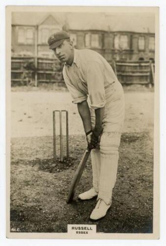 Charles Albert George ‘Jack’ Russell (also known as Albert Charles Russell). Essex & England 1908-1930. Phillips ‘Pinnace’ premium issue cabinet size mono real photograph trade card of Russell, full length at the wicket in batting pose wearing Essex cap. 