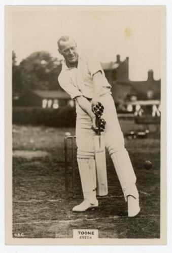 Percy Toone. Essex 1912-1922. Phillips ‘Pinnace’ premium issue cabinet size mono real photograph trade card of Toone, full length at the wicket in batting pose. No. 43.C. 4”x6”. Plain back. Small stain to the image, otherwise in very good condition.