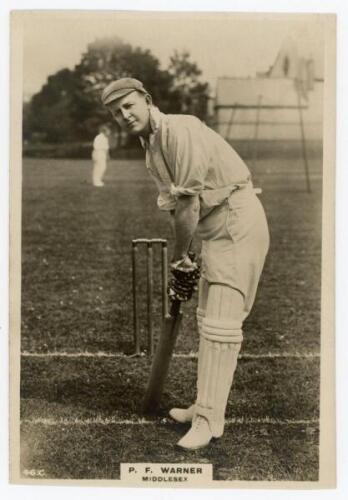 Pelham Francis ‘Plum’ Warner. Oxford University, Middlesex & England 1894-1920. Phillips ‘Pinnace’ premium issue cabinet size mono real photograph trade card of Warner, full length at the wicket in batting pose wearing a cap. No. 46.C. 4”x6”. Plain back. 