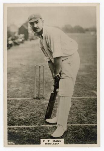 Francis Thomas Mann. Middlesex, Cambridge University & England 1909-1931. Phillips ‘Pinnace’ premium issue cabinet size mono real photograph trade card of Mann, full length at the wicket in batting pose wearing Middlesex cap. No. 47.C. 4”x6”. Plain back. 