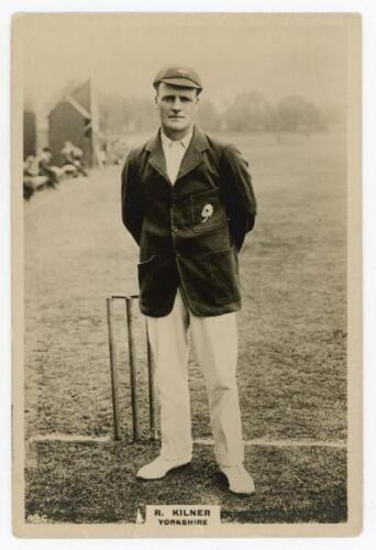 Roy Kilner, Yorkshire and England, 1911-27. Phillips ‘Pinnace’ premium issue cabinet size mono real photograph trade card of Kilner, standing full length at the wicket wearing Yorkshire cap and blazer. No. 49.C. 4”x6”. Plain back. Small damage to lower ed