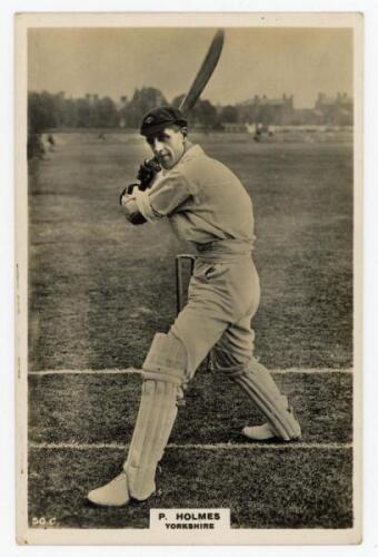 Percy Holmes. Yorkshire & England 1913-1933. Phillips ‘Pinnace’ premium issue cabinet size mono real photograph trade card of Holmes, standing full length at the wicket in batting pose wearing a cap. No. 50.C. 4”x6”. Plain back. Very good condition.