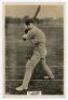 Percy Holmes. Yorkshire & England 1913-1933. Phillips ‘Pinnace’ premium issue cabinet size mono real photograph trade card of Holmes, standing full length at the wicket in batting pose wearing a cap. No. 50.C. 4”x6”. Plain back. Very good condition.