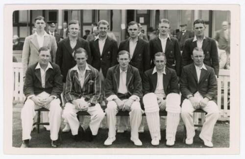 Glamorgan C.C.C. 1937. Official mono real photograph plain back postcard of the 1937 Glamorgan team seated and standing in rows wearing cricket attire and blazers. Official stamp to verso for A. Wilkes & Son, with attached typed list of players featured. 