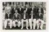 Glamorgan C.C.C. 1937. Official mono real photograph plain back postcard of the 1937 Glamorgan team seated and standing in rows wearing cricket attire and blazers. Official stamp to verso for A. Wilkes & Son, with attached typed list of players featured. 