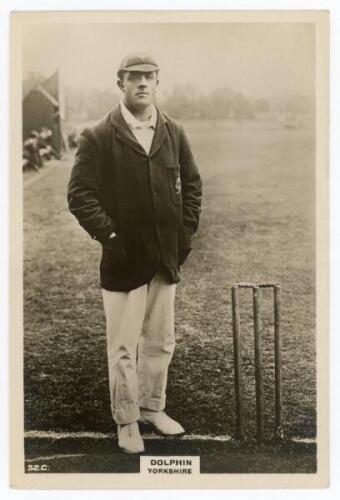 Arthur Dolphin. Yorkshire & England 1905-1927. Phillips ‘Pinnace’ premium issue cabinet size mono real photograph trade card of Dolphin, standing full length at the wicket wearing Yorkshire cap and blazer. No. 52.C. 4”x6”. Plain back. Very good condition.