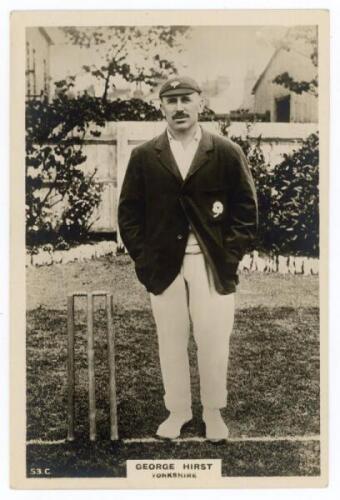 George Herbert Hirst. Yorkshire, Europeans & England 1891-1929. Phillips ‘Pinnace’ premium issue cabinet size mono real photograph trade card of Hirst, standing full length at the wicket wearing Yorkshire cap and blazer. No. 53.C. 4”x6”. Plain back. Minor