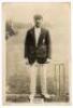 Wilfred Rhodes. Yorkshire & England 1898-1930. Phillips ‘Pinnace’ premium issue cabinet size real photograph trade card of Rhodes standing full length at the wicket wearing Yorkshire cap and blazer. No. 54.C. 4”x6”. Plain back. Creasing to top left corner