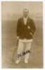 John Berry ‘Jack’ Hobbs, Surrey & England 1905-1934. Sepia real photograph postcard of Hobbs standing full length wearing M.C.C. touring blazer and cricket attire. Nicely signed by Hobbs in black ink to the photograph. To the verso, a handwritten dedicati