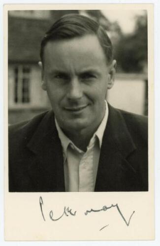 Peter Barker Howard May, Surrey & England 1950-1963. Mono real photograph plainback postcard of May, head and shoulders, wearing blazer. Signed in black ink to lower white border by May. Publisher unknown. VG.