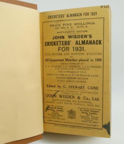 Wisden Cricketers’ Almanack 1931. 68th edition. Bound in light brown boards, with original wrappers, with gilt titles to front board and spine paper. Some ink staining to the lower half of the front wrapper, number handwritten to top right corner otherwis