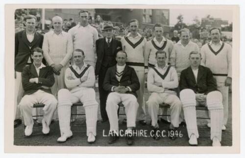 Lancashire C.C.C. 1946. Official mono real photograph plain back postcard of the 1946 Lancashire team seated and standing in rows wearing cricket attire and blazers. Official stamp to verso for A. Wilkes & Son, with attached typed list of players featured