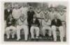 Lancashire C.C.C. 1946. Official mono real photograph plain back postcard of the 1946 Lancashire team seated and standing in rows wearing cricket attire and blazers. Official stamp to verso for A. Wilkes & Son, with attached typed list of players featured