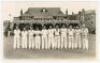 Yorkshire v M.C.C. Scarborough 1954. Original mono plain back real photograph postcard by Walkers of the M.C.C. team standing in cricket attire in front of the pavilion at Scarborough. Players are Sutcliffe, Edrich, Insole, Evans, Simpson, Graveney, Moss,