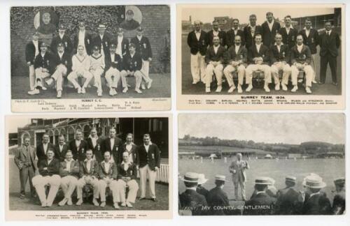 Surrey C.C.C. 1908-1936. Mono postcard of the 1908 Surrey team by R. Scott & Co., Manchester. Also two mono real photograph postcards of teams for 1934 and 1936. Sold with a mono postcard of Albert Craig ‘The Surrey Poet’ at Dover in 1906, publisher unkno