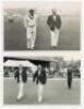 Don Bradman 1948. Mono real photograph plain back postcard of the captains, Bradman and R.W.V. Robins, walking off the field for the match H.D.G. Leveson-Gower’s XI v Australians at Scarborough, 8th- 10th September 1948. Official stamp to verso for Walker