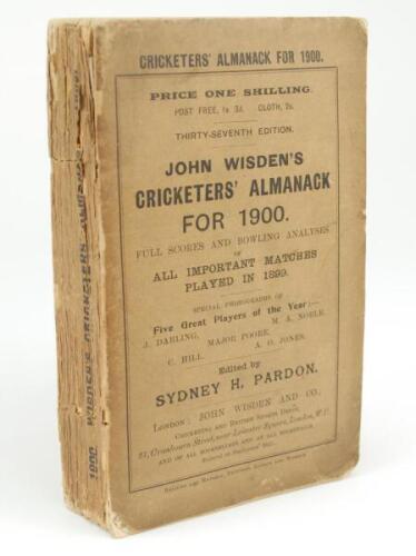 Wisden Cricketers’ Almanack 1900. 37th edition. Original paper wrappers. Some darkening to wrappers and spine paper, some wear with minor loss to spine paper, some wear to corners, greater to the lower right hand corner otherwise in good+ condition.