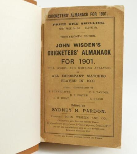 Wisden Cricketers’ Almanack 1901. 38th edition. Bound in light brown boards, with original paper wrappers, with gilt titles to front board and spine paper. Some wear with minor loss to front wrapper corners, some wear and creasing to the rear wrapper, min