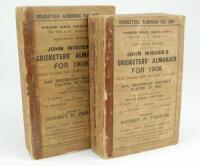 Wisden Cricketers’ Almanack 1908 and 1909. 45th & 46th editions. Original paper wrappers. The 1908 edition with some trimming to its size, some breaking to page block, old tape to wrapper extremities, some wear and loss to spine paper, front wrapper darke