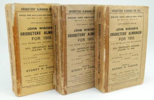 Wisden Cricketers’ Almanack 1910, 1911 and 1915. 47th, 48th & 52nd editions. Original paper wrappers. The 1910 and 1911 editions in similar condition with broken spine block, some tape to wrapper extremities, minor wear and slight darkening to wrappers, s