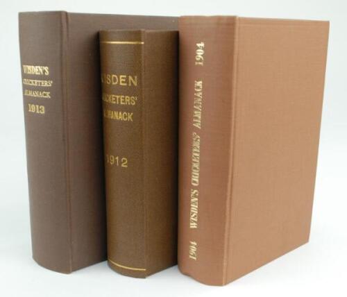 Wisden Cricketers’ Almanack 1904, 1912 and 1913. 41st, 49th & 50th editions. Bound in brown boards, the 1904 edition with worn and stained original wrappers, internally good, the 1912 edition lacking original wrappers, the 1913 edition with wrappers, with