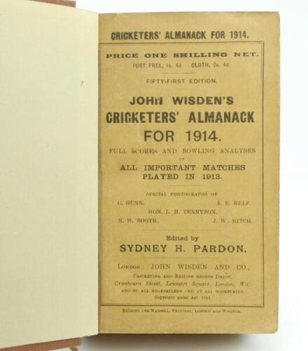 Wisden Cricketers’ Almanack 1914. 51st edition. Bound in brown boards, with original wrappers, with gilt titles to front board and spine paper. Odd very minor faults otherwise in good condition.