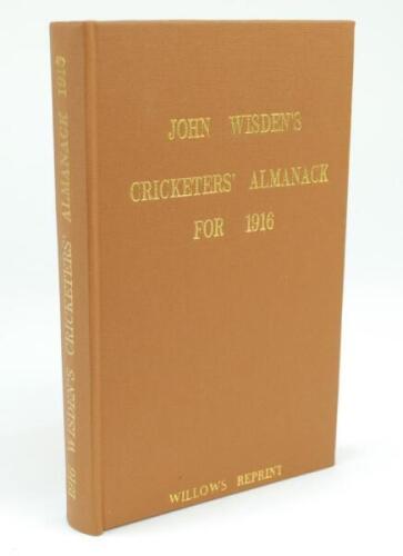 Wisden Cricketers’ Almanack 1916. Willows softback reprint (1990) in light brown hardback covers with gilt lettering. Limited edition 163/1000. Very good condition.