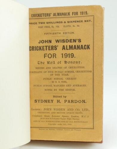 Wisden Cricketers’ Almanack 1919. 56th edition. Original paper wrappers, bound in brown boards, with gilt titles to spine. Front wrapper paper detached from backing page, some darkening to rear pages, damage with small hole and loss to extremities of the 