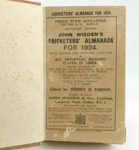 Wisden Cricketers’ Almanack 1924. 61st edition. Bound in light brown boards, with original wrappers, with gilt titles to spine paper. Fading and minor wear to wrappers otherwise in good condition.