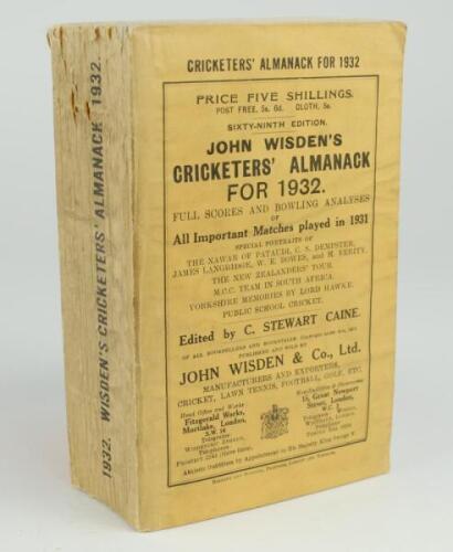 Wisden Cricketers’ Almanack 1932. 69th edition. Original paper wrappers. Some wrinkling, slight soiling and minor wear to wrappers and spine paper otherwise in very good condition.