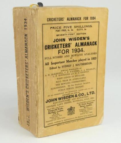 Wisden Cricketers’ Almanack 1934. 71st edition. Original paper wrappers. Wear to spine paper and some wear with loss to wrapper surface around the spine area, minor wear to wrappers in general, slight bowing to spine otherwise in good condition.