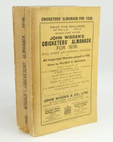 Wisden Cricketers’ Almanack 1936. 73rd edition. Original paper wrappers. Some wear and darkening to spine paper, very small loss to spine paper, general wear to wrappers otherwise in good+ condition.