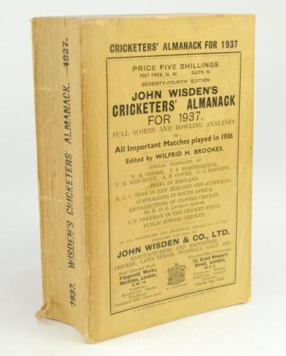 Wisden Cricketers’ Almanack 1937. 74th edition. Original paper wrappers. Bowing to spine, some general wear to wrapper extremities otherwise in very good condition.