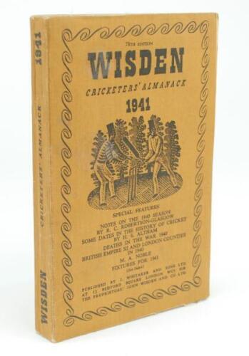 Wisden Cricketers’ Almanack 1941. 78th edition. Original limp cloth covers. Only 3200 paper copies printed in this war year. Very slight breaking to front internal hinge, very minor wear to covers otherwise in good/very good condition. Rare war-time editi