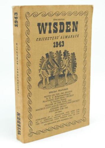 Wisden Cricketers’ Almanack 1943. 80th edition. Original limp cloth covers. Only 5600 paper copies printed in this war year. Very minor wear to the odd wrapper corner, very slight age toning otherwise in very good condition. Rare war-time edition.