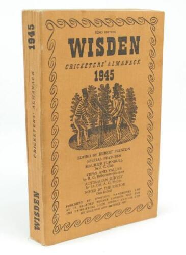 Wisden Cricketers’ Almanack 1945. 82nd edition. Original limp cloth covers. Only 6500 paper copies printed in this war year. Good/very good condition. Rare war-time edition.