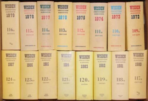 Wisden Cricketers’ Almanack 1972 to 2009. Original hardbacks with dustwrapper. Minor fault to the odd earlier edition dustwrapper otherwise in good/very good condition, the majority very good. Qty 37.