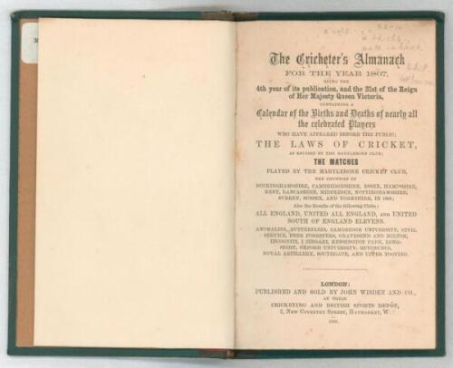 Wisden Cricketers’ Almanack 1867. 4th edition. Bound in black quarter leather with green boards, lacking original paper wrappers, with titles in gilt to spine, marbled page edge. Minor stain to top edge of the page block otherwise in good/very good condit