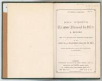 Wisden Cricketers’ Almanack 1878. 15th edition. Bound in black quarter leather with green boards, lacking original paper wrappers, with titles in gilt to spine, marbled page edge. Nick to the edge of the title page and to the top edge of page 15/16, heavy