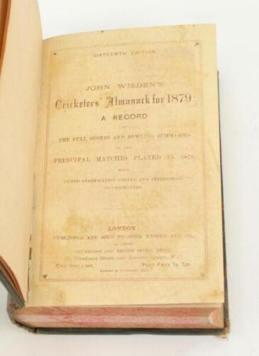 Wisden Cricketers’ Almanack 1879, 1880 & 1881. 16th, 17th & 18th editions. Three early volumes bound as one in green boards, all with original wrappers, with gilt titles and years to spine, red speckled page edges. Some breaking to the front and rear inte