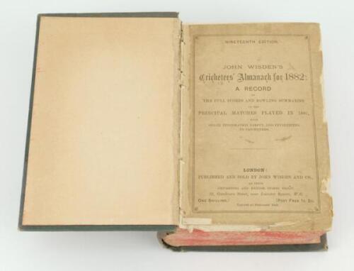 Wisden Cricketers’ Almanack 1882, 1883 & 1884. 19th, 20th & 21st editions. Three early volumes bound as one in green boards, all with original wrappers, with gilt titles and years to spine, red speckled page edges. Some breaking to the front and rear inte