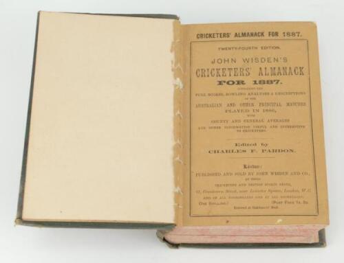 Wisden Cricketers’ Almanack 1887 & 1888. 24th & 25th editions. Two early volumes bound as one in green boards, all with original wrappers, with gilt titles and years to spine, red speckled page edges. Some minor staining and wear to each of the four wrapp