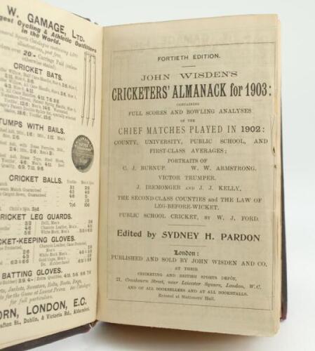 Wisden Cricketers’ Almanack 1903 and 1904. 40th & 41st editions. Both editions bound in maroon boards, the 1903 edition lacking original paper wrappers, the 1904 with original wrappers, with gilt titles to spine, red speckled page edges. The 1903 edition 