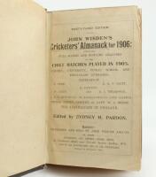 Wisden Cricketers’ Almanack 1906 and 1907. 43rd & 44th editions. Bound in maroon boards, with original rear wrappers only, with gilt titles to spine, red speckled page edges. The 1906 edition lacking the first advertising page, some wear with loss to the 