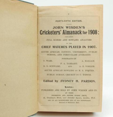 Wisden Cricketers’ Almanack 1908 and 1909. 45th & 46th editions. Both editions bound in green boards, lacking original paper wrappers, with gilt titles to spine, red speckled page edges. Both editions lacking first and all rear advertising pages, the 1909